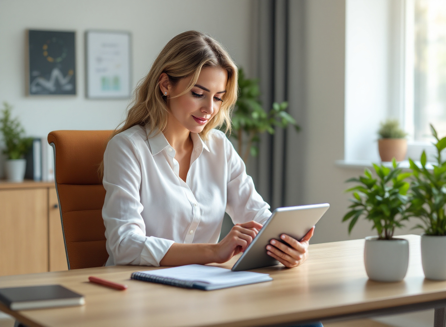 Gestão Empresarial em 2026: As Novas Tendências que Estão Transformando Pequenas e Médias Empresas 1 Gestora de PME analisando dados e tendências de gestão empresarial em tablet moderno
