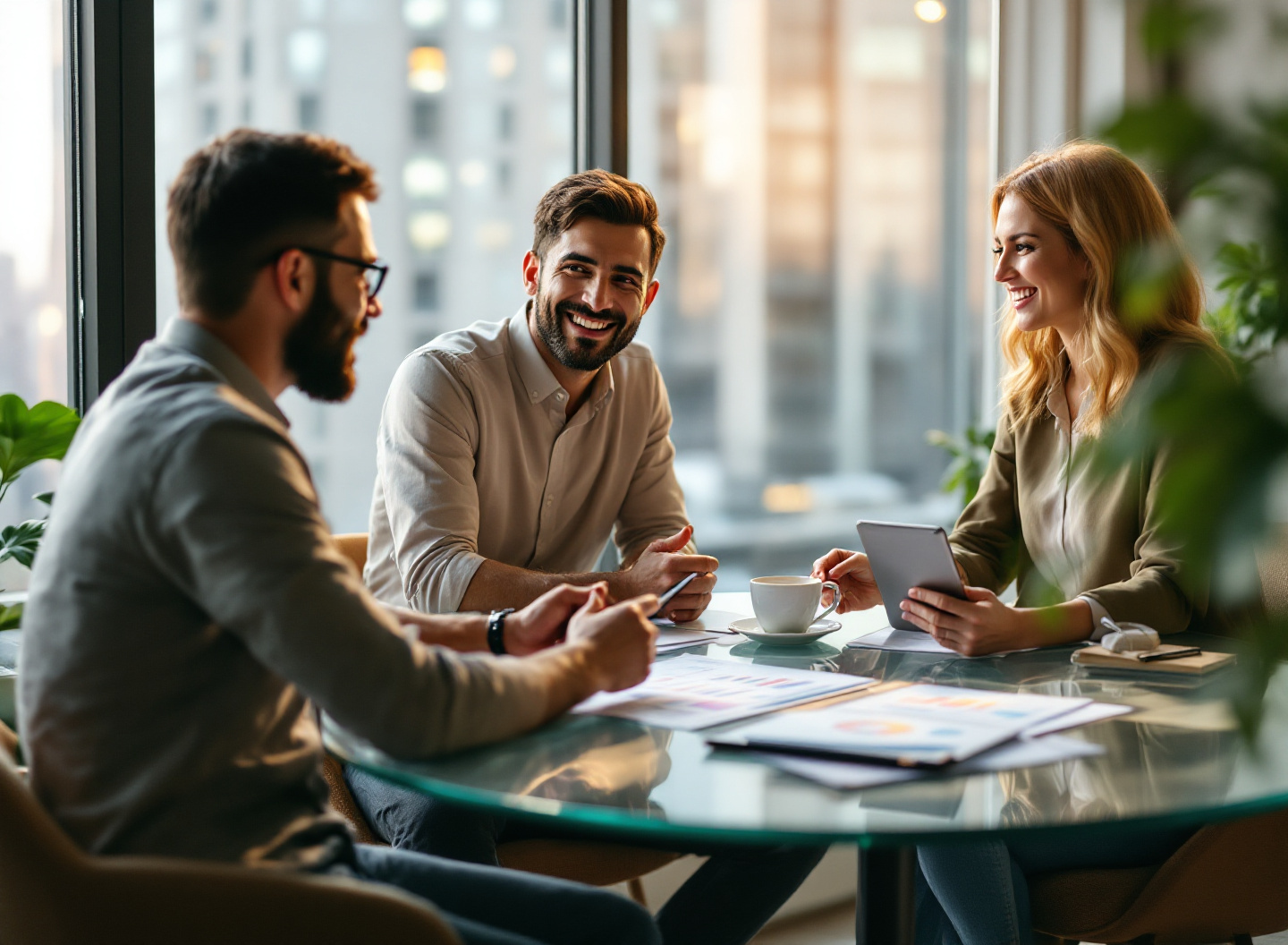 Empreendedores analisando planilha financeira em reunião de planejamento, representando gestão colaborativa de fluxo de caixa