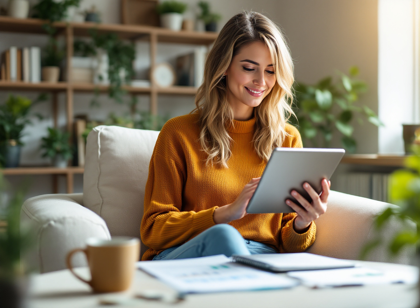 Mulher analisando gráficos de rentabilidade em tablet durante análise de investimento com planilha de orçamento excel no notebook