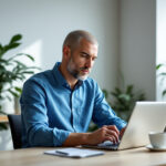Homem analisando simulador de investimento no notebook em escritório moderno