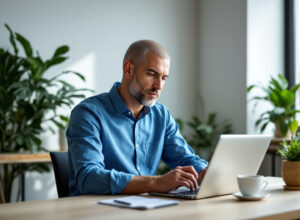 Homem analisando simulador de investimento no notebook em escritório moderno