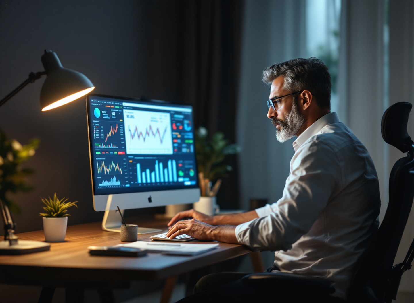 Homem analisando gráficos de retorno do investimento em simulador de desktop profissional