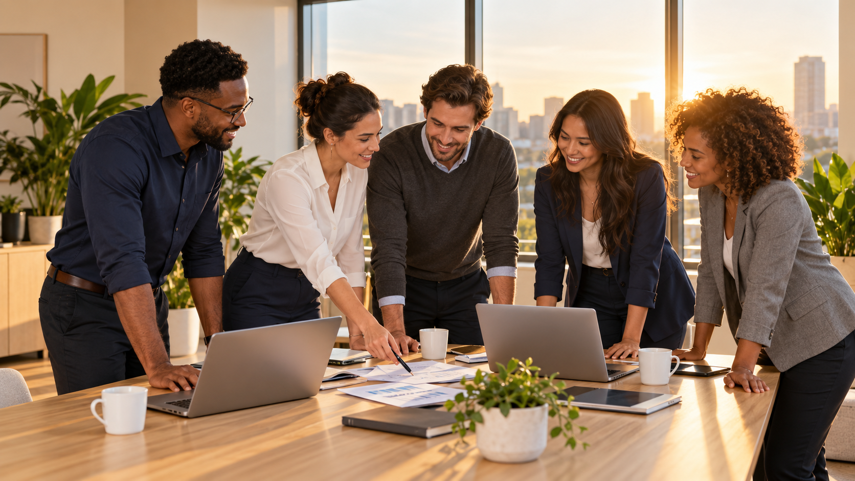 Empreendedores em reunião de negócios analisando documentos e planejando estratégias empresariais