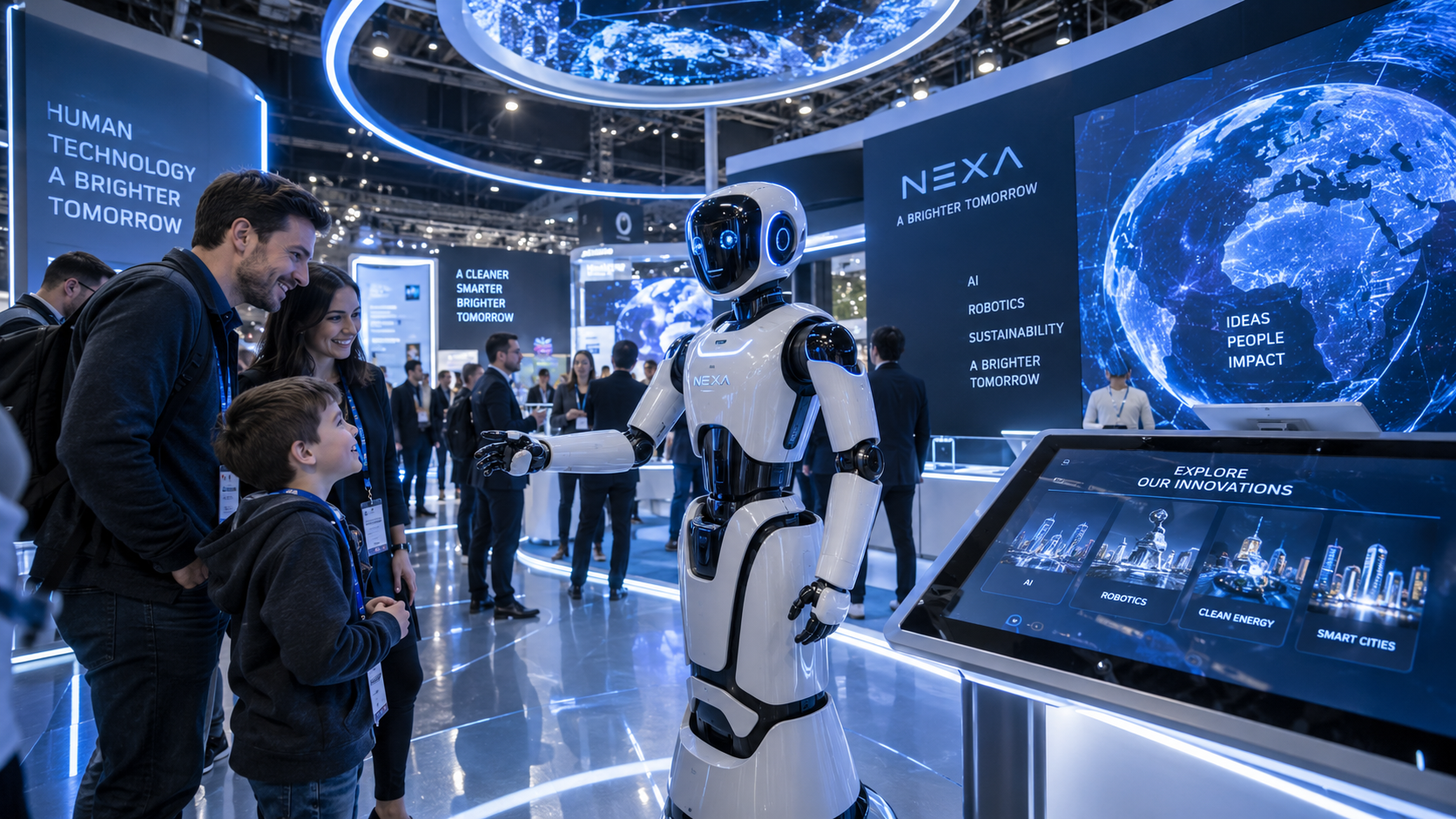 Robô interagindo em estande tecnológico de feira.