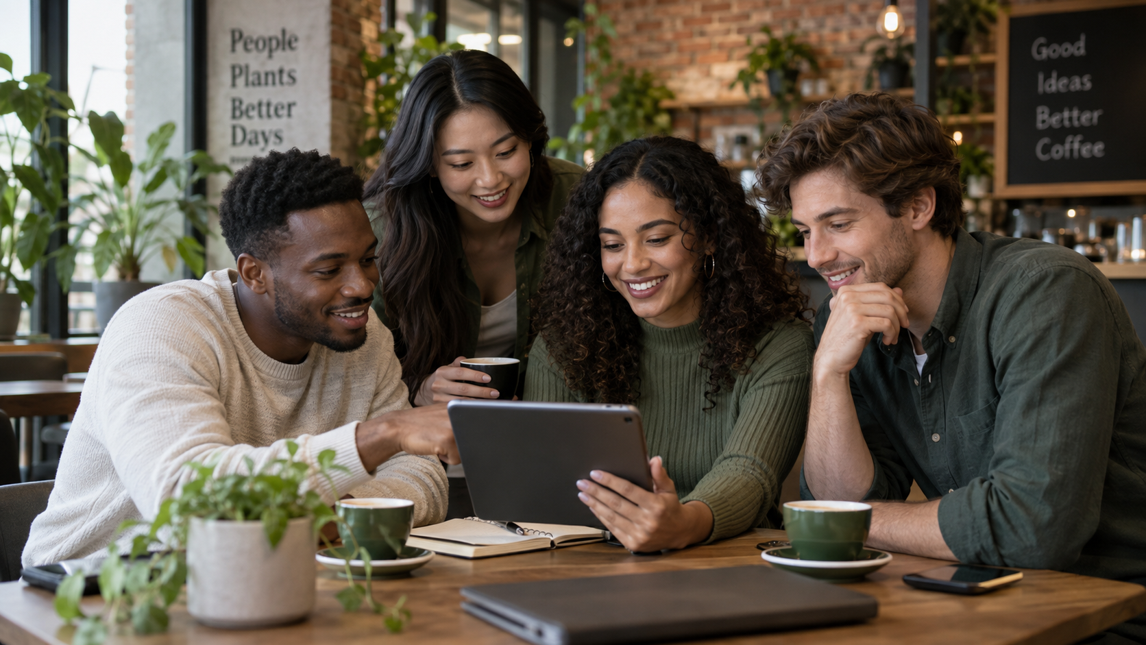Descubra como é possível empreender sem dinheiro agora mesmo 2 Grupo de empreendedores colaborando em um café.