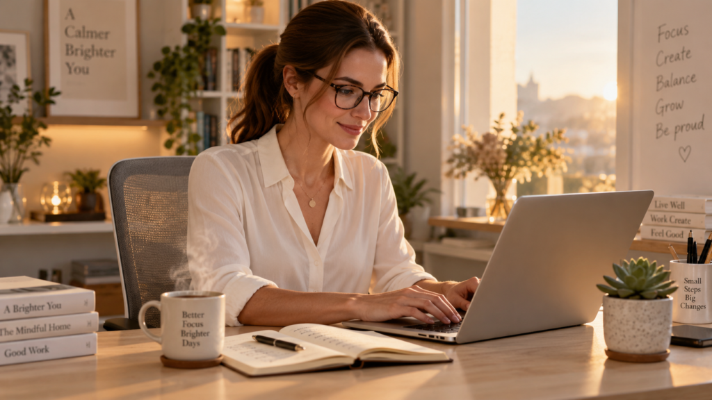 Mulher trabalhando em home office moderno com laptop, anotações e café, representando empreendedorismo digital em 2026