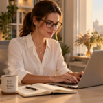Mulher trabalhando em home office moderno com laptop, anotações e café, representando empreendedorismo digital em 2026