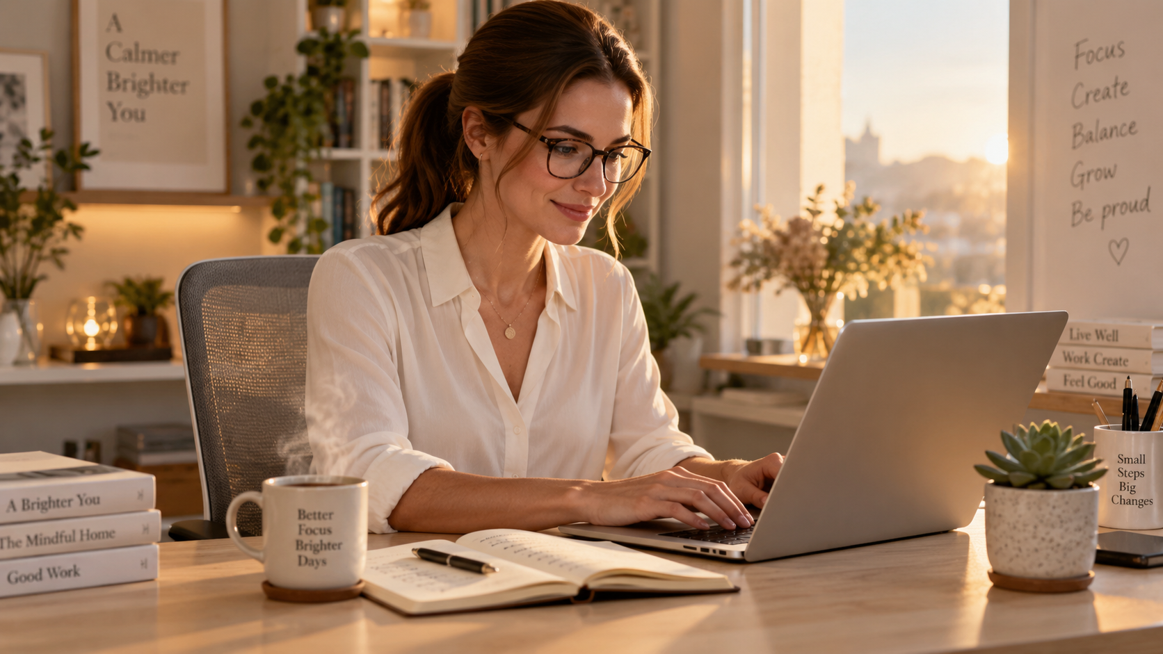 A Revolução do Home Office: Empreender em Casa Deixou de Ser Plano B e Virou Prioridade 1 Mulher trabalhando em home office moderno com laptop, anotações e café, representando empreendedorismo digital em 2026