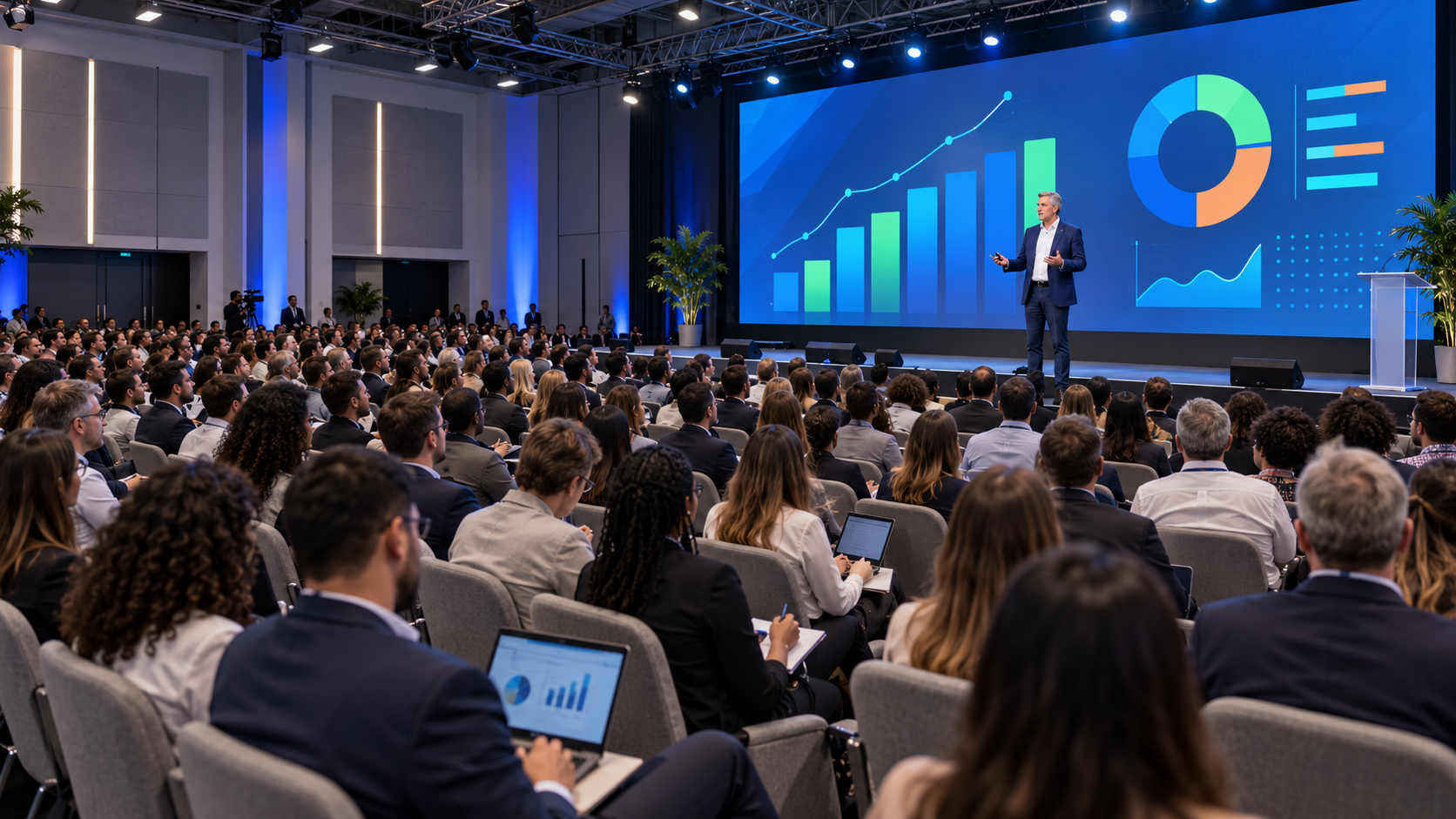 Palestrante apresentando estratégias de negócios para plateia de empreendedores em auditório moderno da Feira Sebrae 2026