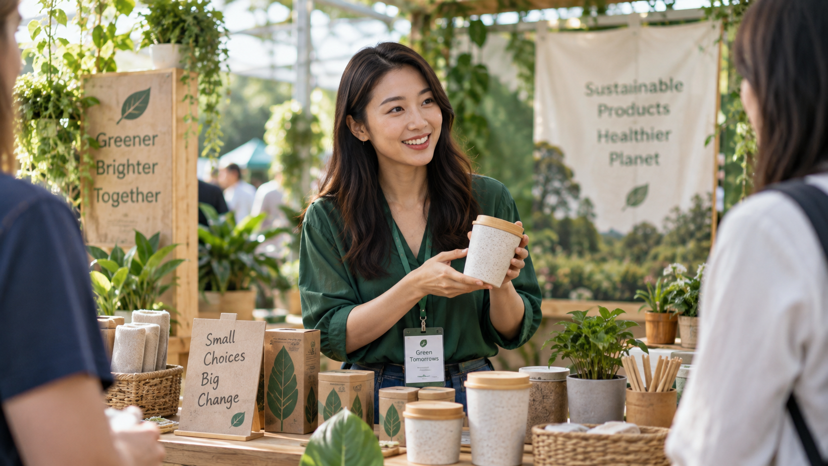 Empresária demonstrando produtos sustentáveis em feira.