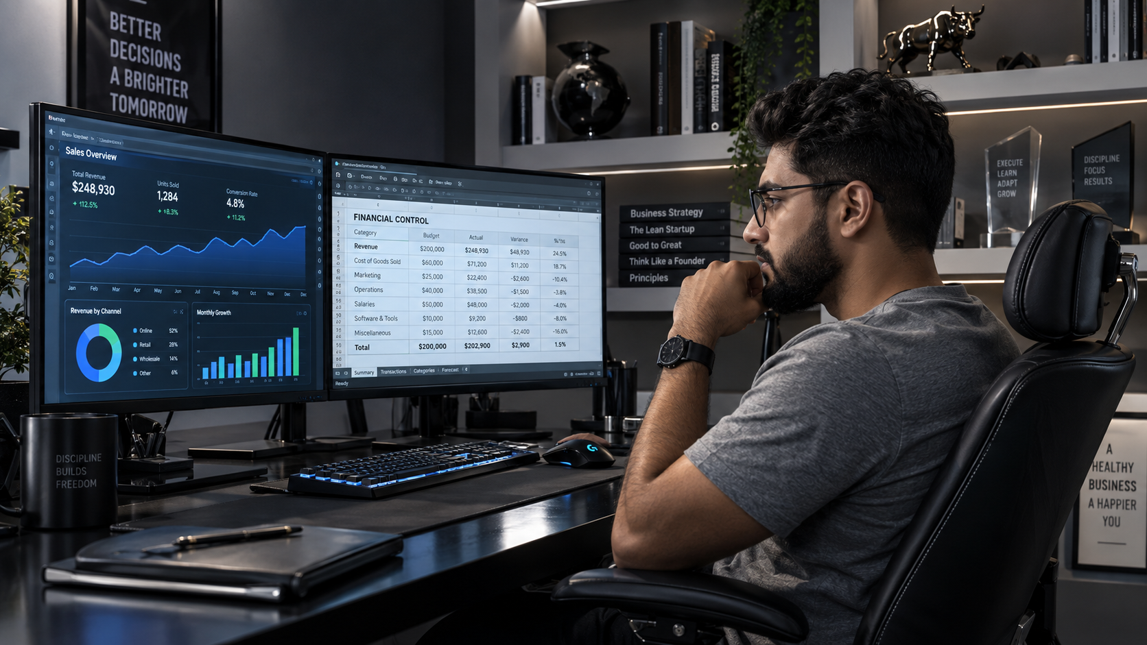 A Revolução do Home Office: Empreender em Casa Deixou de Ser Plano B e Virou Prioridade 2 Empreendedor analisando gráficos de vendas e faturamento em home office profissional, monitorando negócio digital