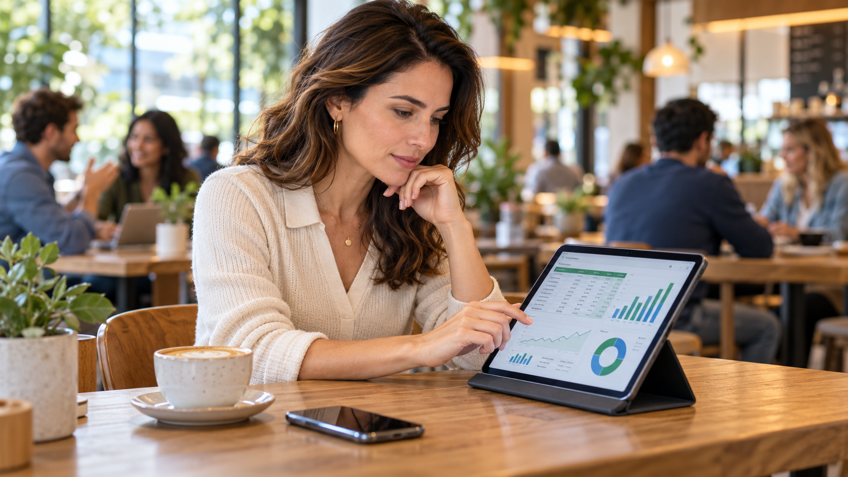 Mulher revisando planilha de fluxo de caixa em tablet em café moderno.