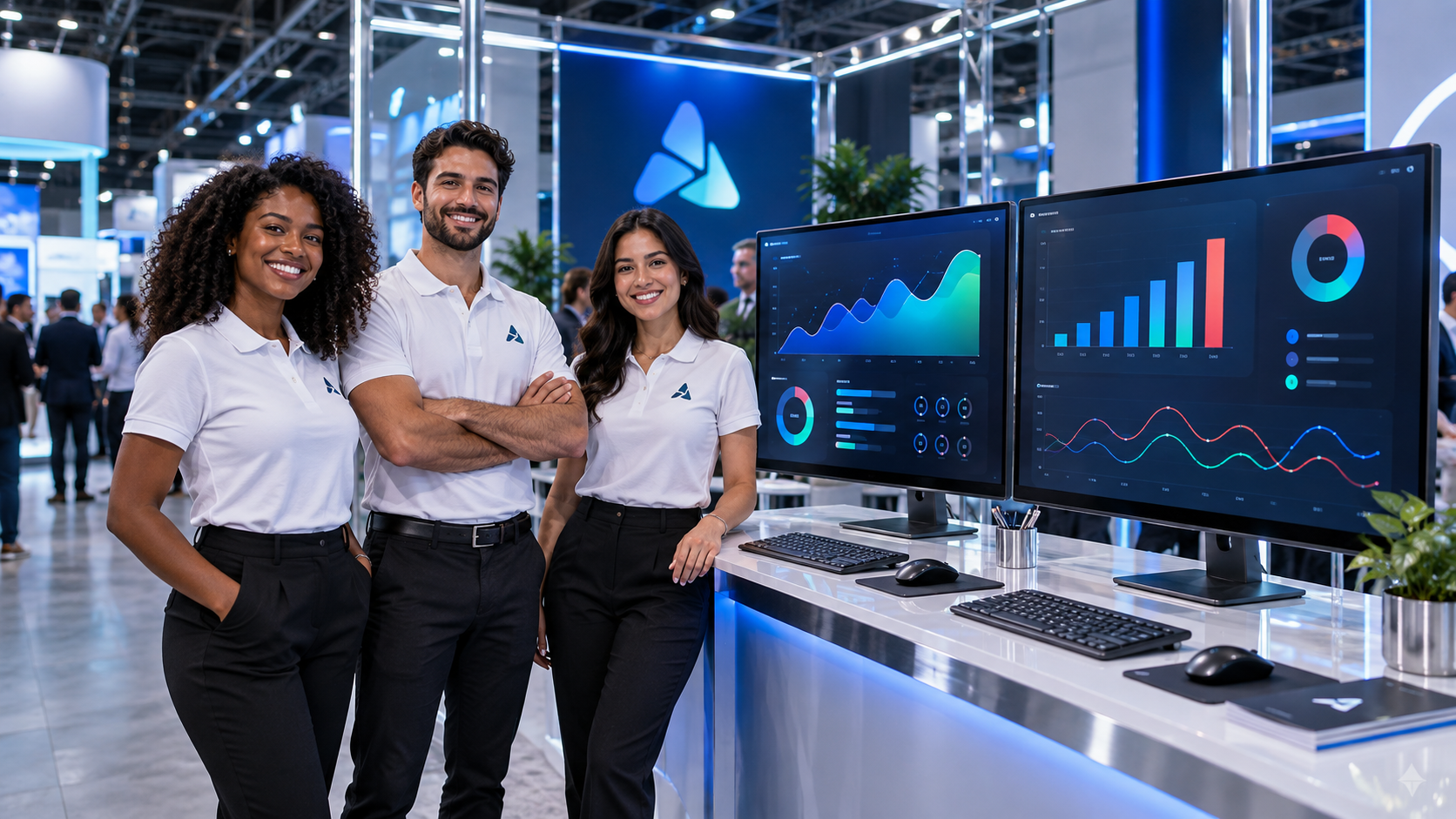 Profissionais apresentando solução de software e dashboard de gestão empresarial em estande tecnológico da Feira Sebrae 2026