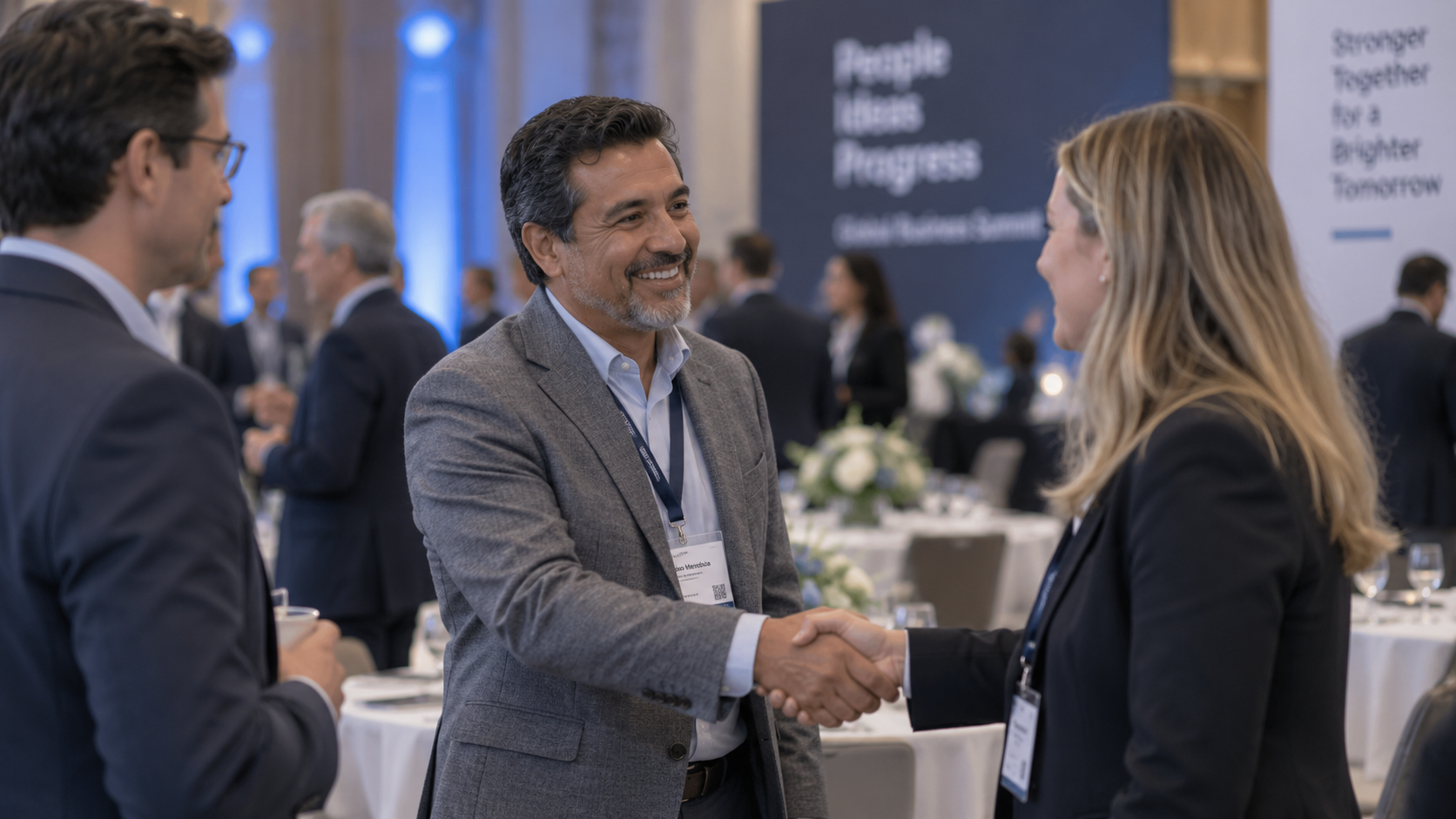 Empresários em sessão de networking durante feira.
