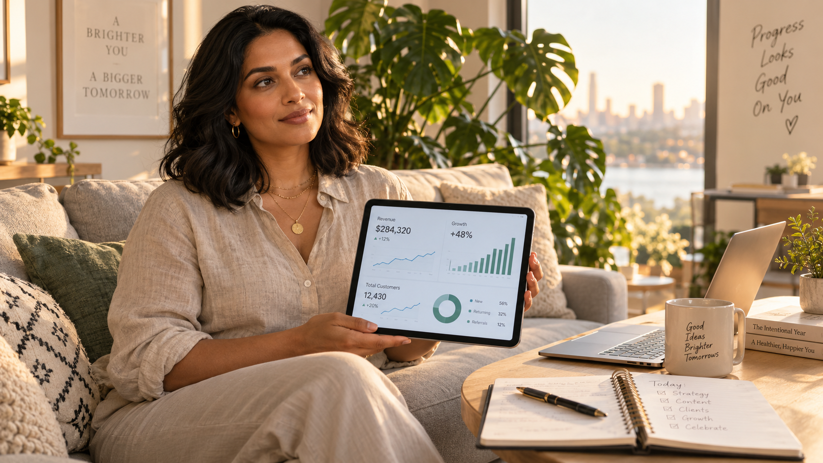 A Revolução do Home Office: Empreender em Casa Deixou de Ser Plano B e Virou Prioridade 3 Empreendedora analisando crescimento de negócio digital em tablet no sofá, planejando estratégia de faturamento