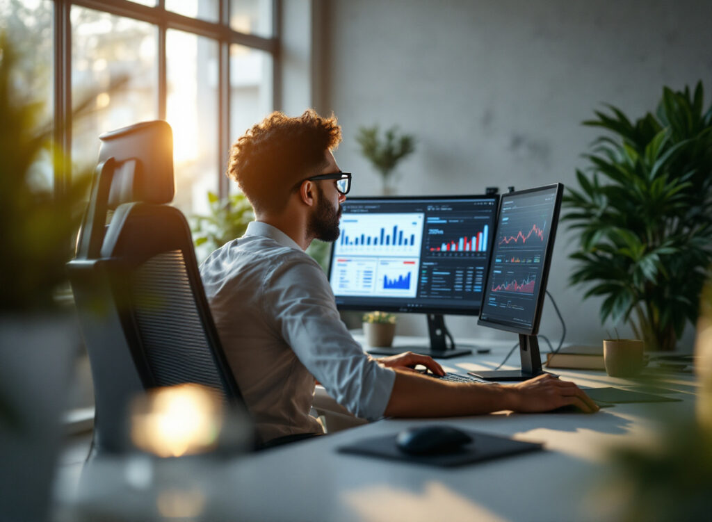 Profissional analisando planilha de payback no Excel com dados financeiros em monitor