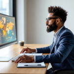 Analista de investimentos analisando gráfico de sensibilidade em tela de computador em ambiente corporativo