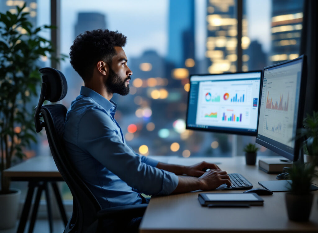 Analista financeiro calculando valor presente líquido em planilha Excel com concentração profissional