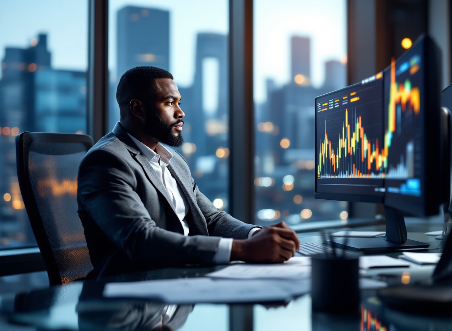 profissional analisando gráficos de valor presente líquido e payback em múltiplos monitores para decisão de investimento