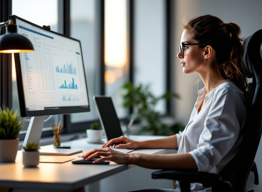 mulher criando planilha Excel no computador em escritório moderno com luz natural