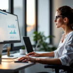 mulher criando planilha Excel no computador em escritório moderno com luz natural