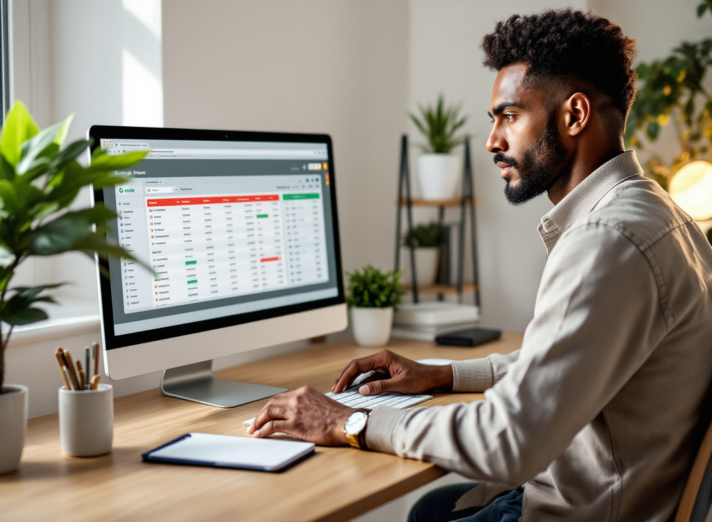 homem analisando planilha de gastos no Google Sheets em home office com luz natural