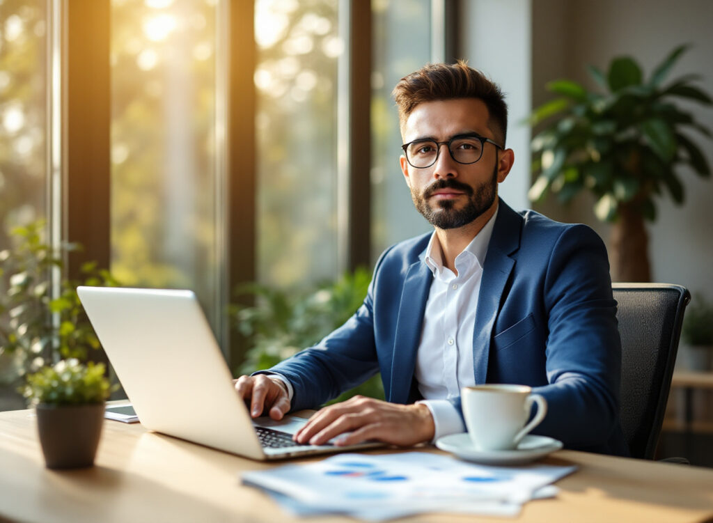 Empreendedor analisando gráficos de investimento e valor presente líquido em laptop no escritório moderno