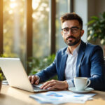 Empreendedor analisando gráficos de investimento e valor presente líquido em laptop no escritório moderno