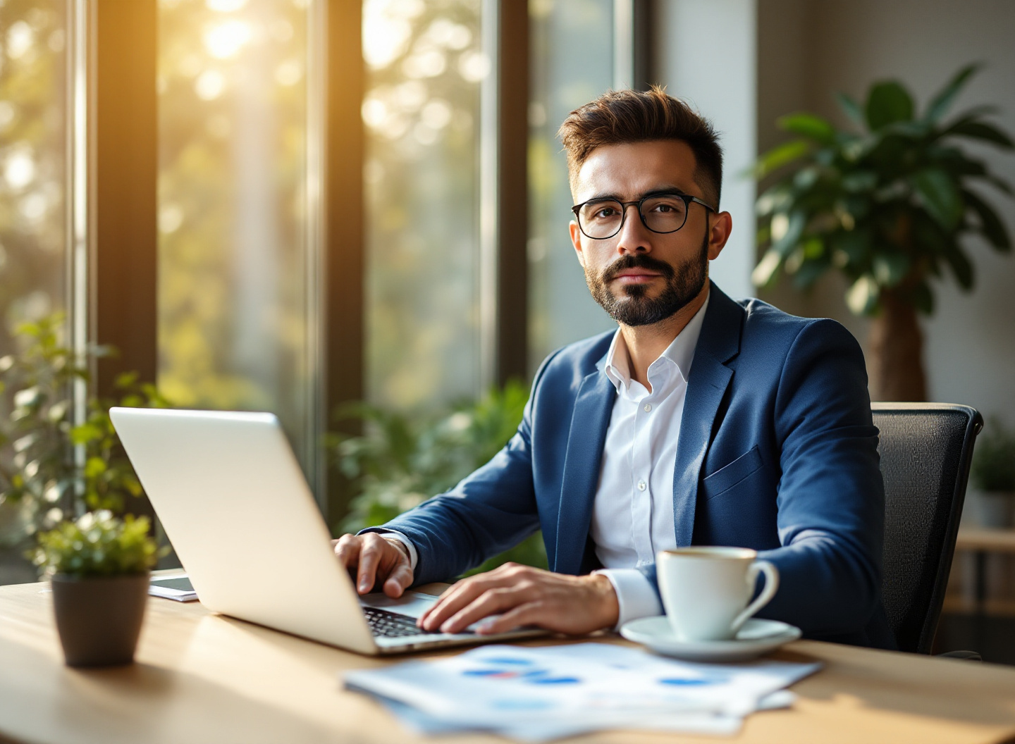 Valor Presente Líquido Explicado: Como Saber se Seu Investimento Vale a Pena Antes de Começar 1 Empreendedor analisando gráficos de investimento e valor presente líquido em laptop no escritório moderno