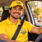 capa motorista de entregas urbanas com encomendas no carro