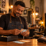 empreendedor MEI conferindo caixa em barbearia ao final do expediente