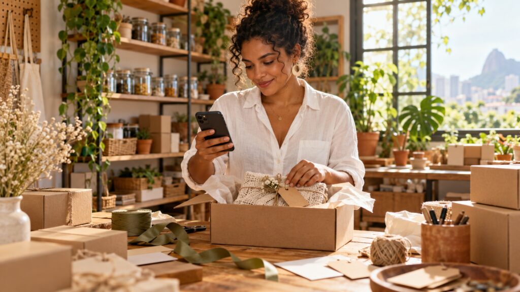 Empreendedora embalando produtos em casa ao começar um negócio com pouco dinheiro
