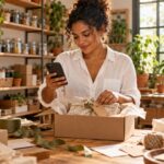 Empreendedora embalando produtos em casa ao começar um negócio com pouco dinheiro