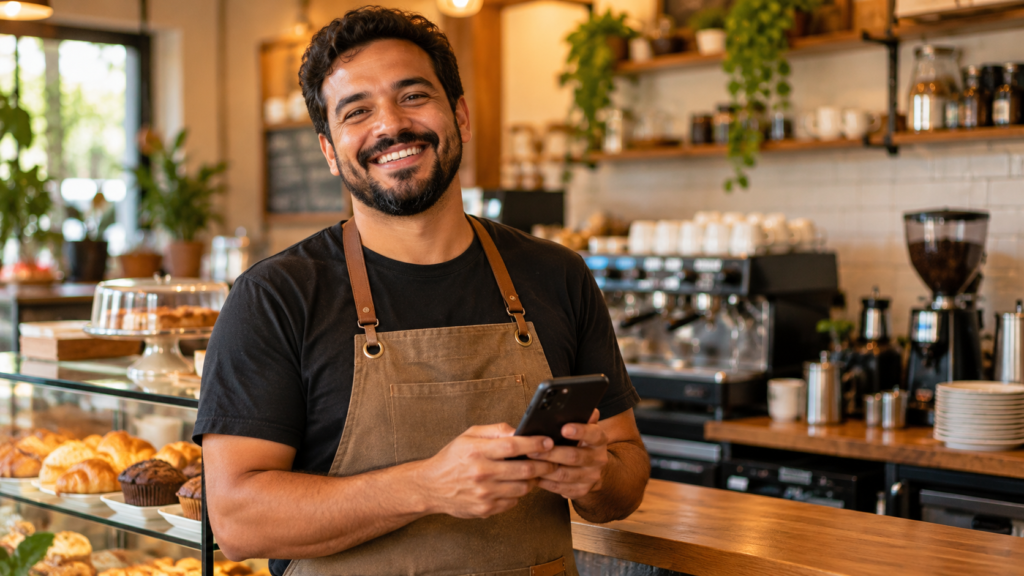 MEI negativado pesquisa crédito em fintechs pelo celular em sua cafeteria