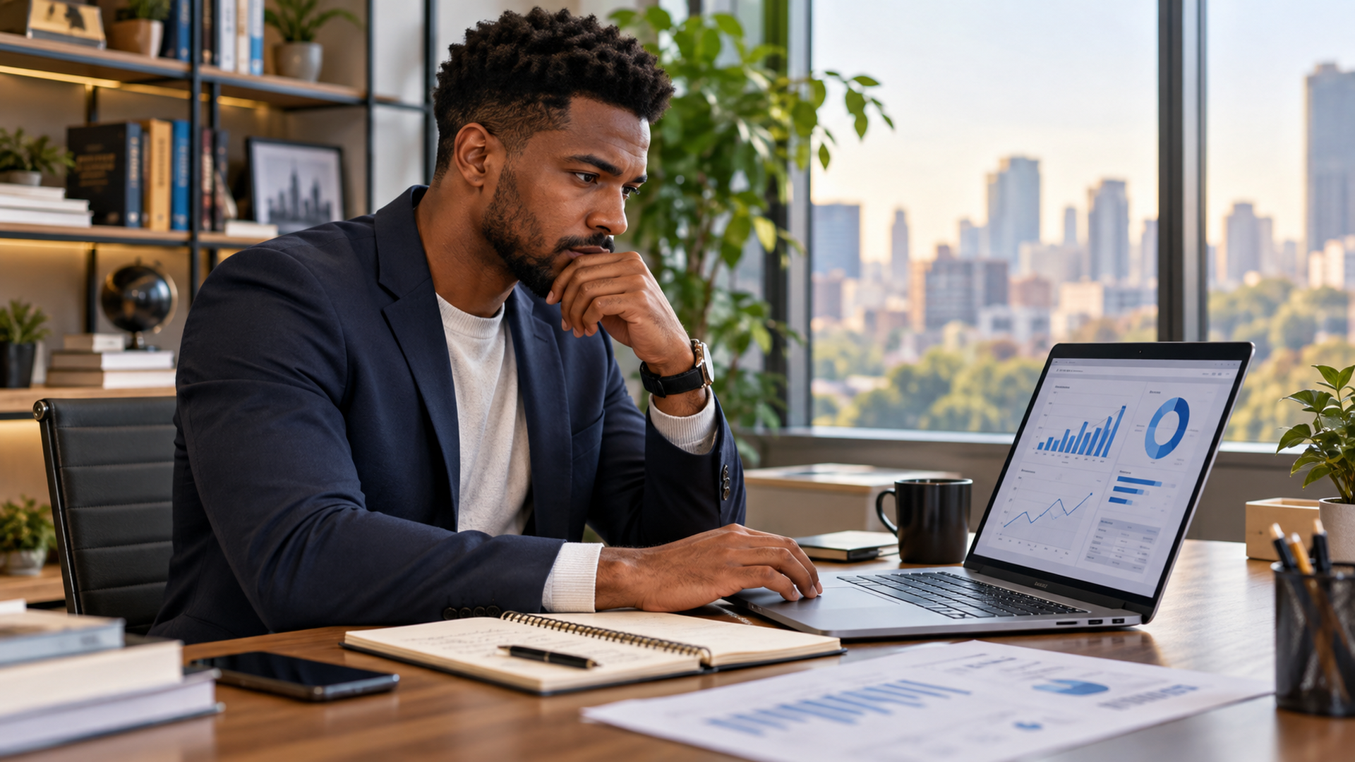 Como a Frente Parlamentar do Empreendedorismo pode impactar sua carreira profissional 2 Jovem empreendedor analisando gráficos, representando os desafios e oportunidades com a Frente Parlamentar do Empreendedorismo.