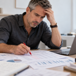 Empreendedor analisando planilha de custos e precificação com expressão preocupada