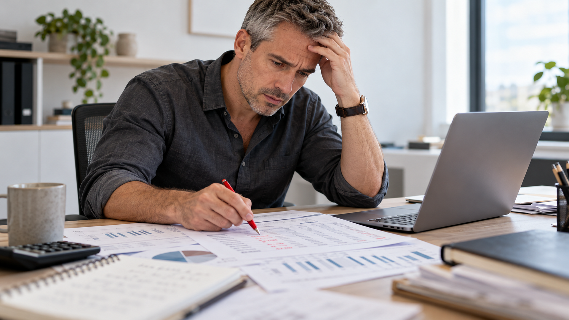 Empreendedor analisando planilha de custos e precificação com expressão preocupada