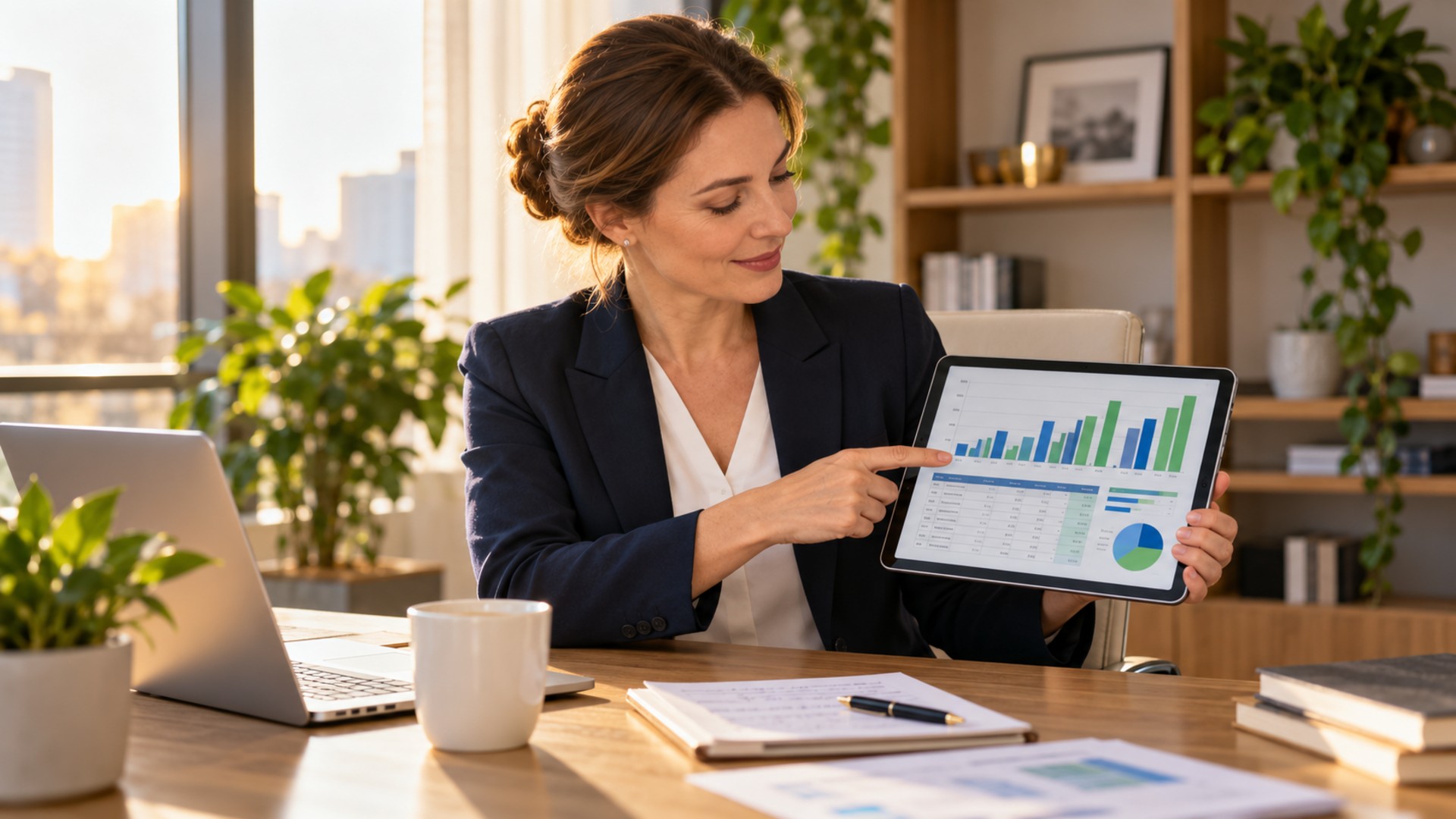 Gestora financeira analisando fluxo de caixa direto em tablet com gráficos e dados reais