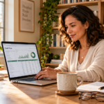 empreendedora elaborando planilha de fluxo de caixa projetado no computador em home office