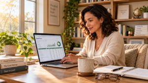 empreendedora elaborando planilha de fluxo de caixa projetado no computador em home office