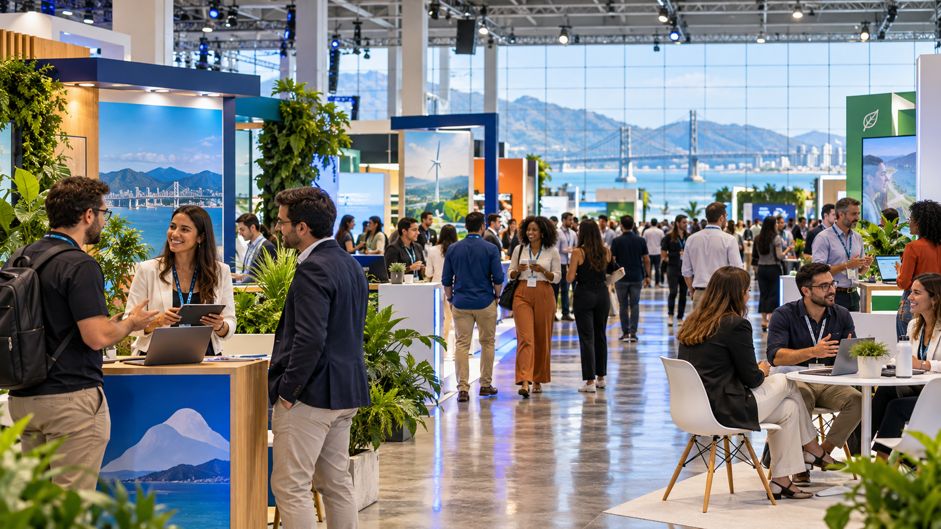 Piso de exposição Startup Summit 2026 stands startups networking Florianópolis
