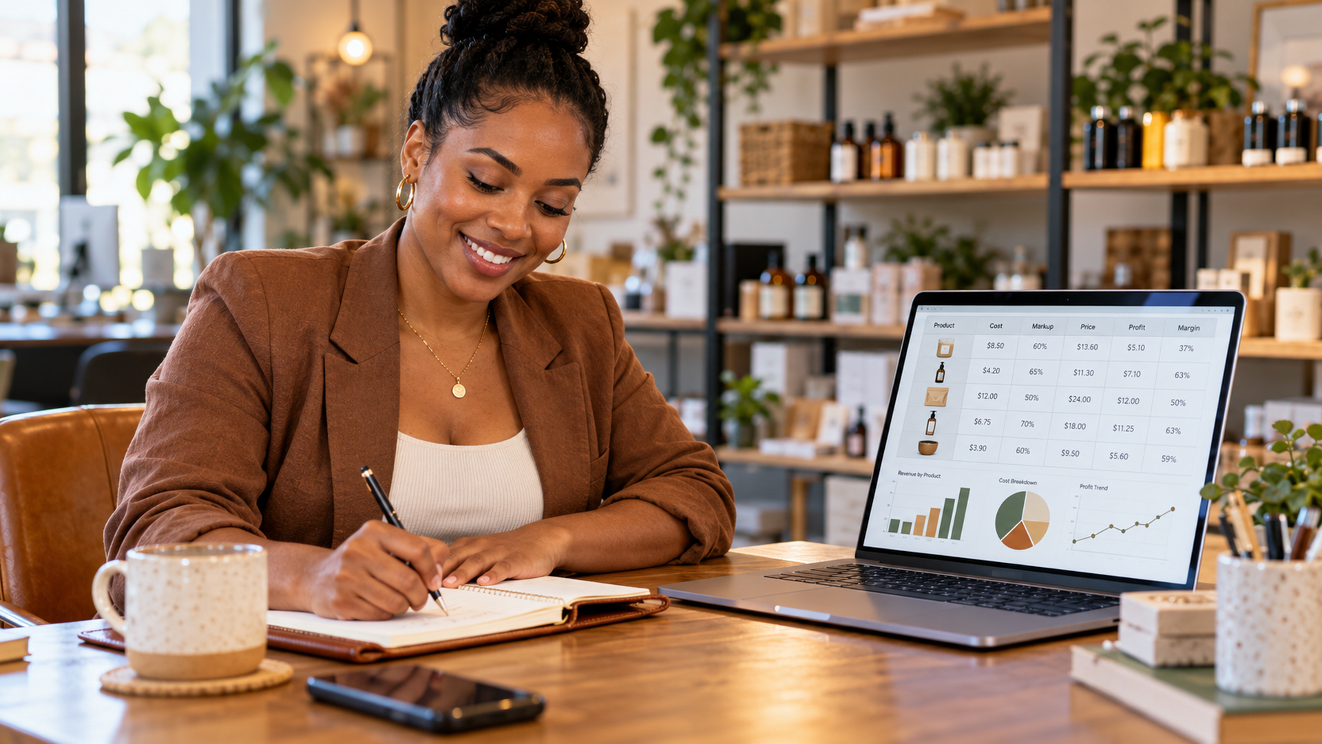 Empreendedora calculando preço de venda em notebook com confiança e organização