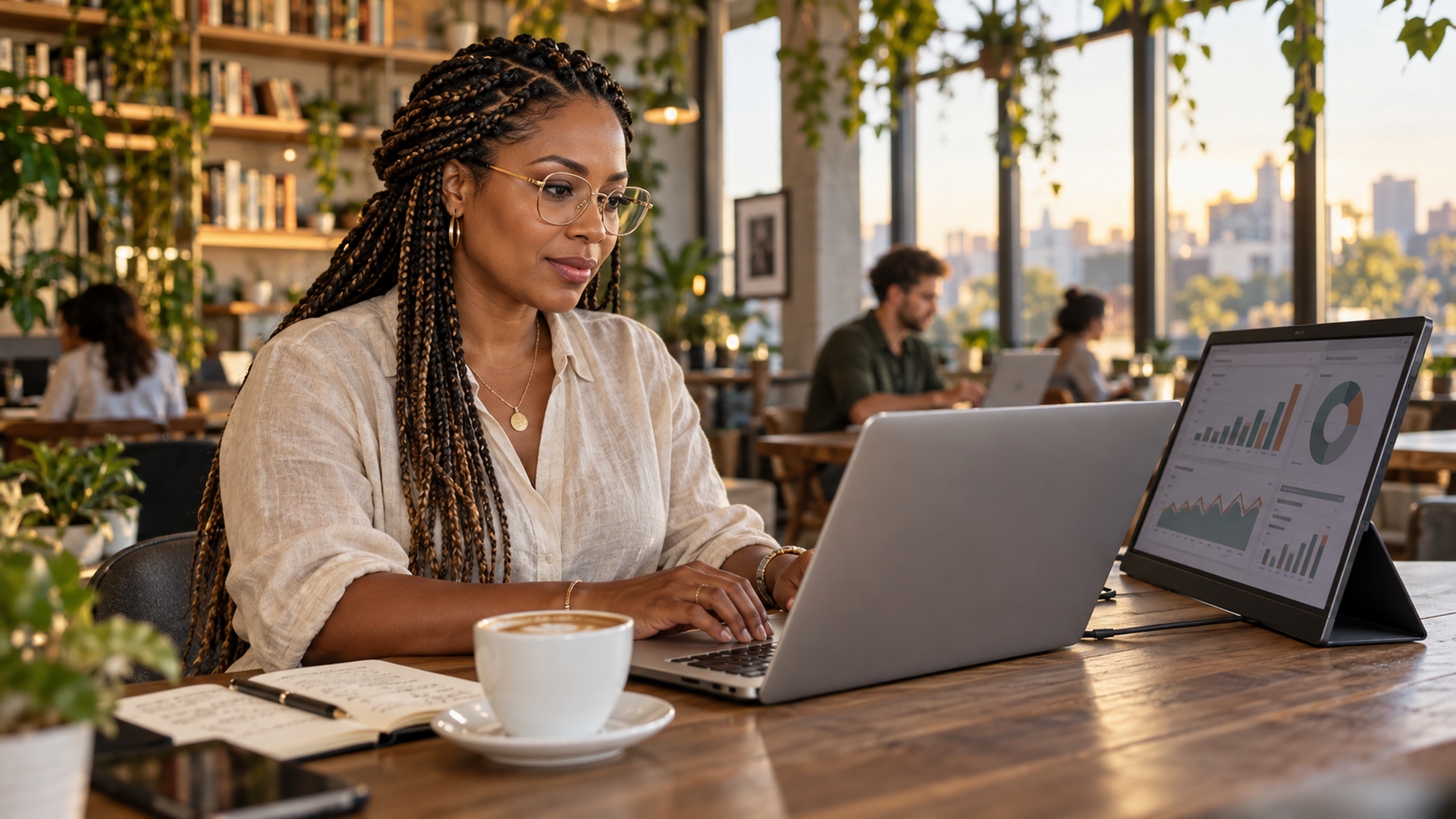 Descubra os 5 sinais que revelam oportunidades de negócios escondidas no mercado 3 Empreendedora analisando dados e gráficos de mercado em café com tecnologia