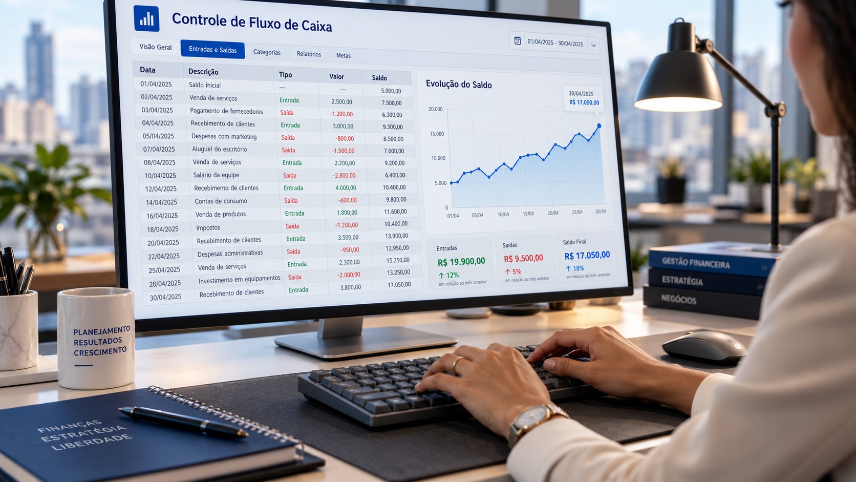Planilha de fluxo de caixa diário em Excel com gráfico de evolução de saldo