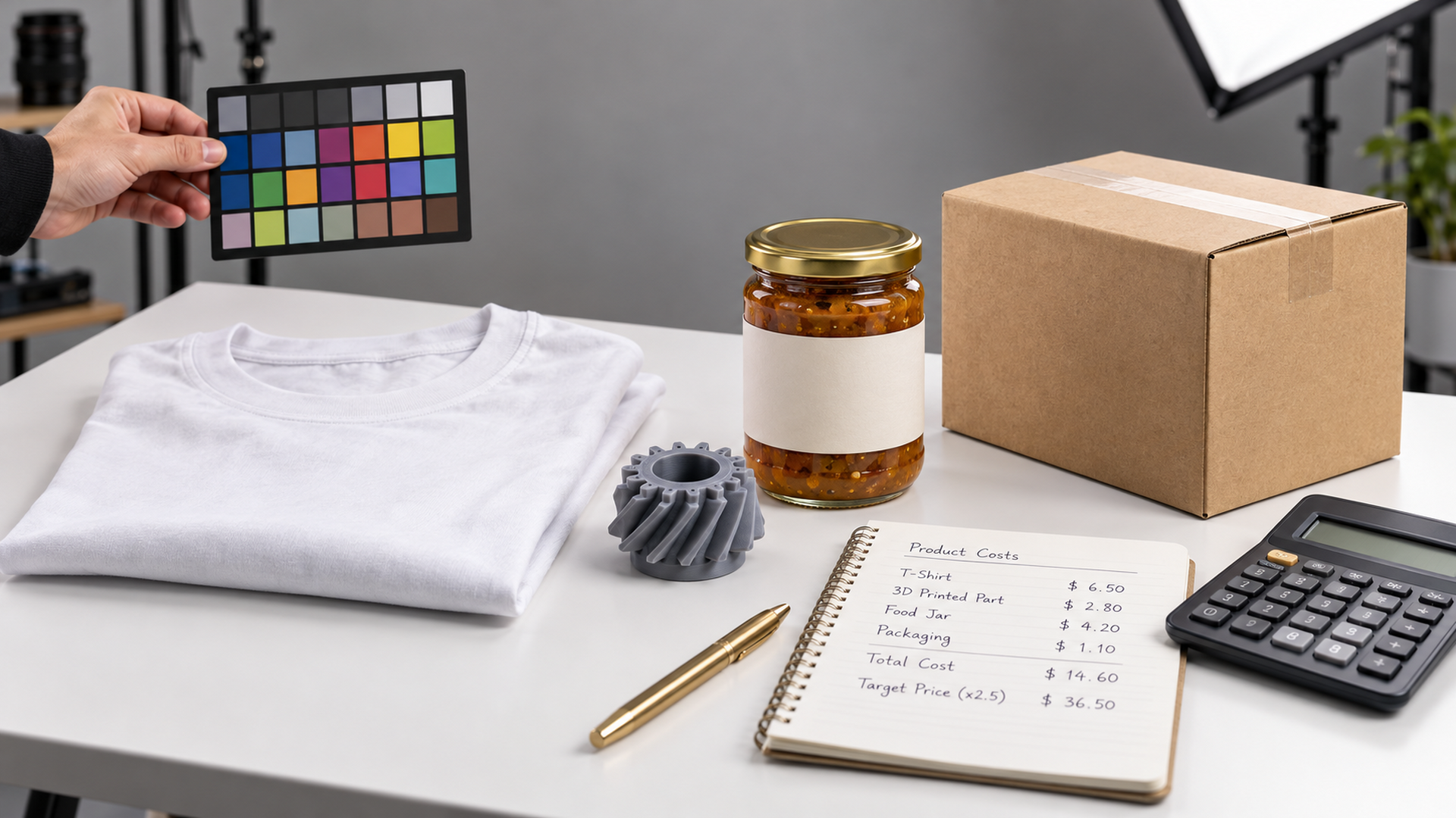 Variedade de produtos diferentes sobre mesa com cálculos de precificação em estúdio profissional