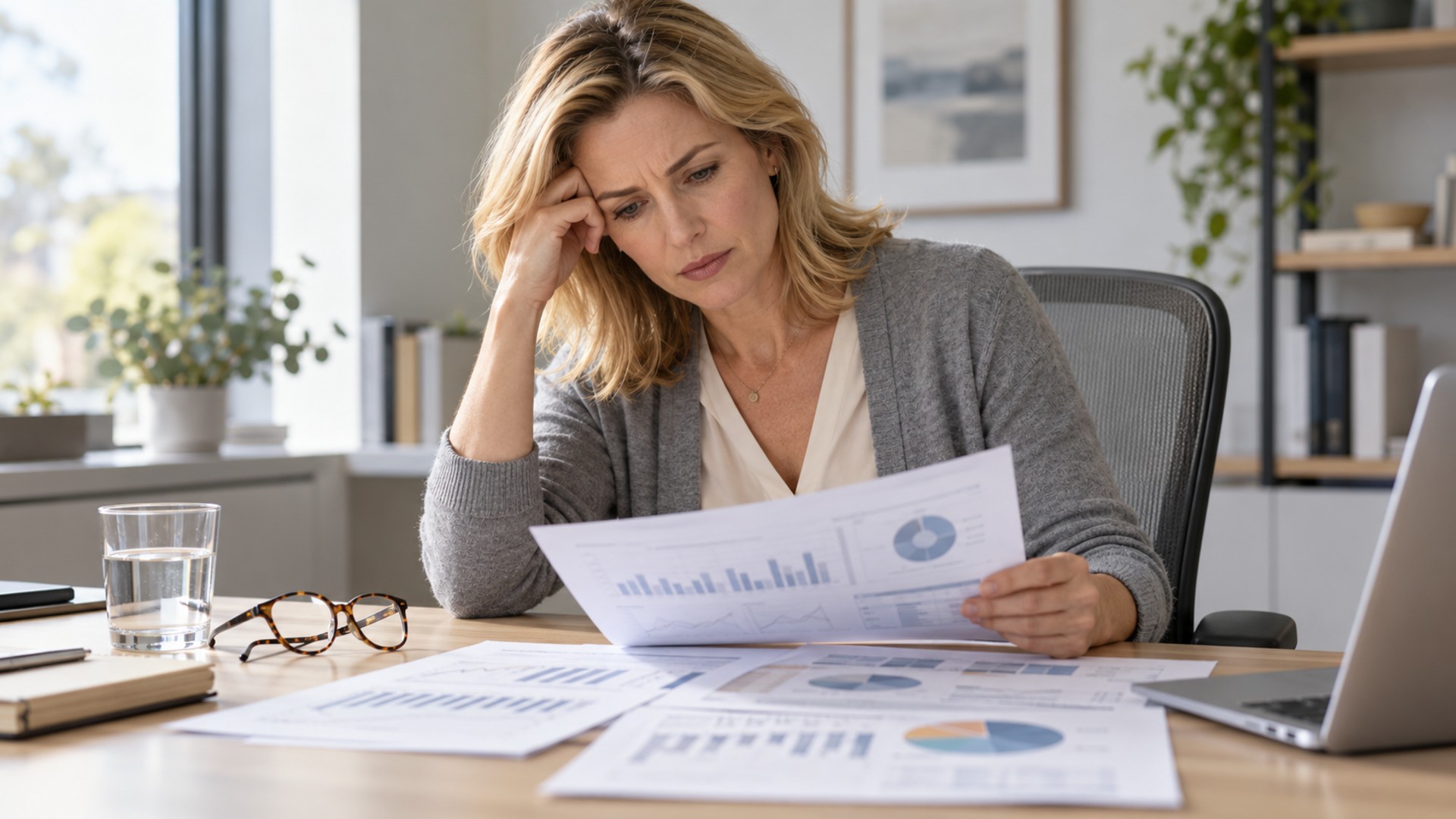 Empreendedora analisando relatório de fluxo de caixa com expressão concentrada