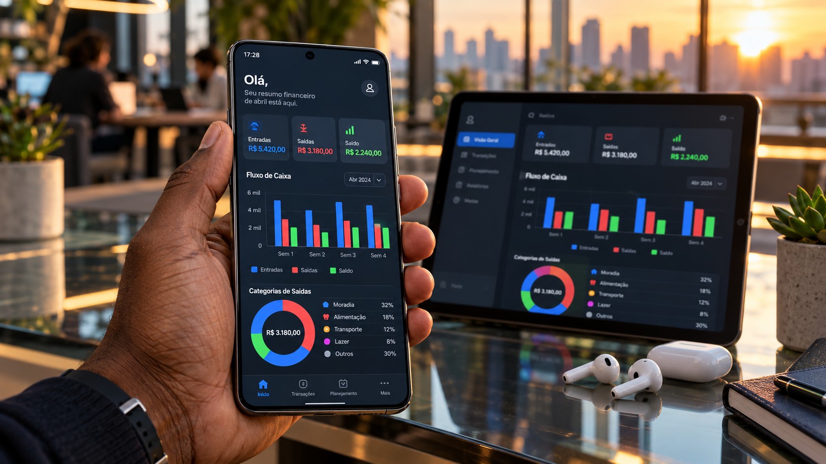 Aplicativo de fluxo de caixa diário em smartphone com sincronização em tempo real